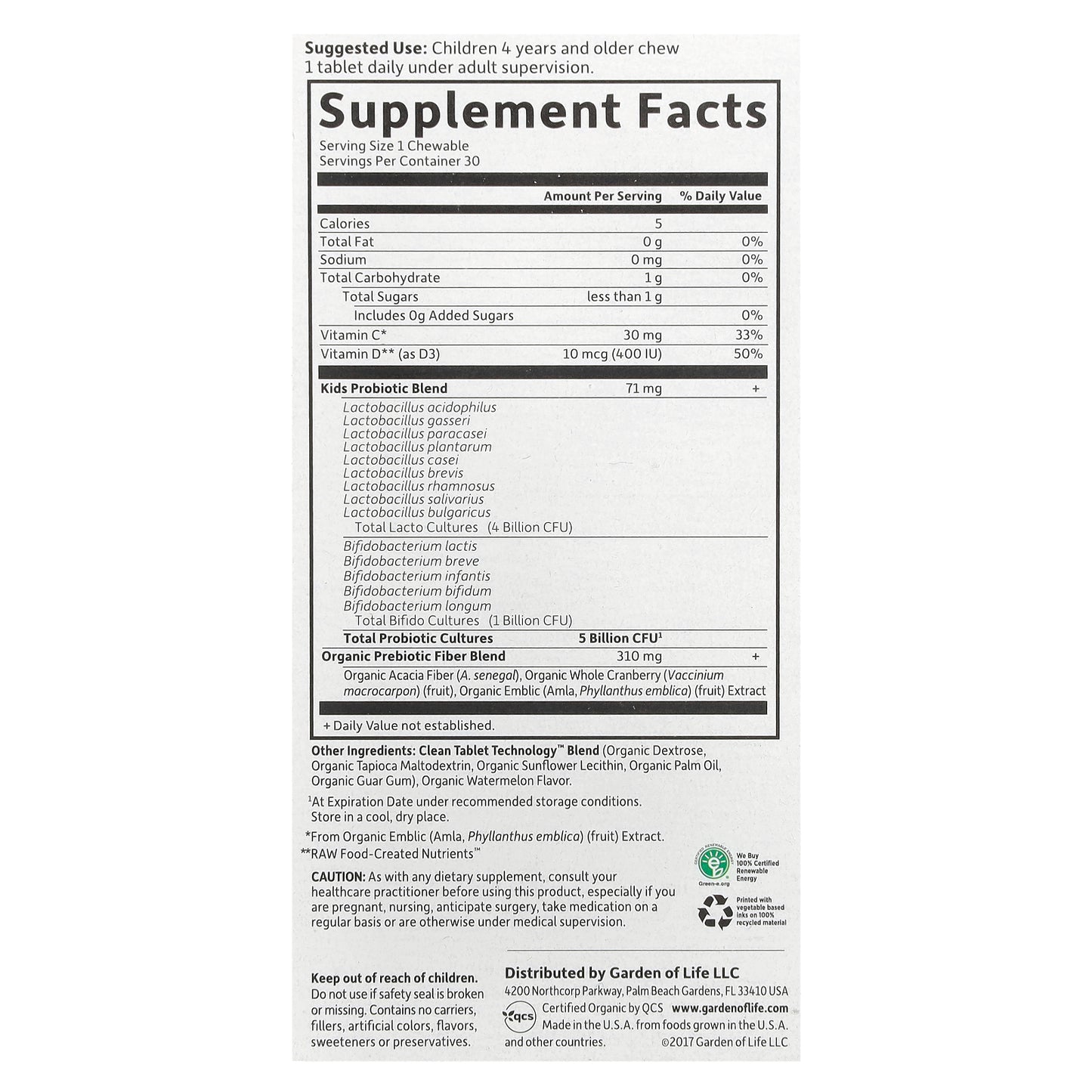 Garden of Life, Dr. Formulated Probiotics, Organic Kids + Probiotics + Vitamins C & D Chewables, Tasty Organic Watermelon, 30 Yummy Chewables