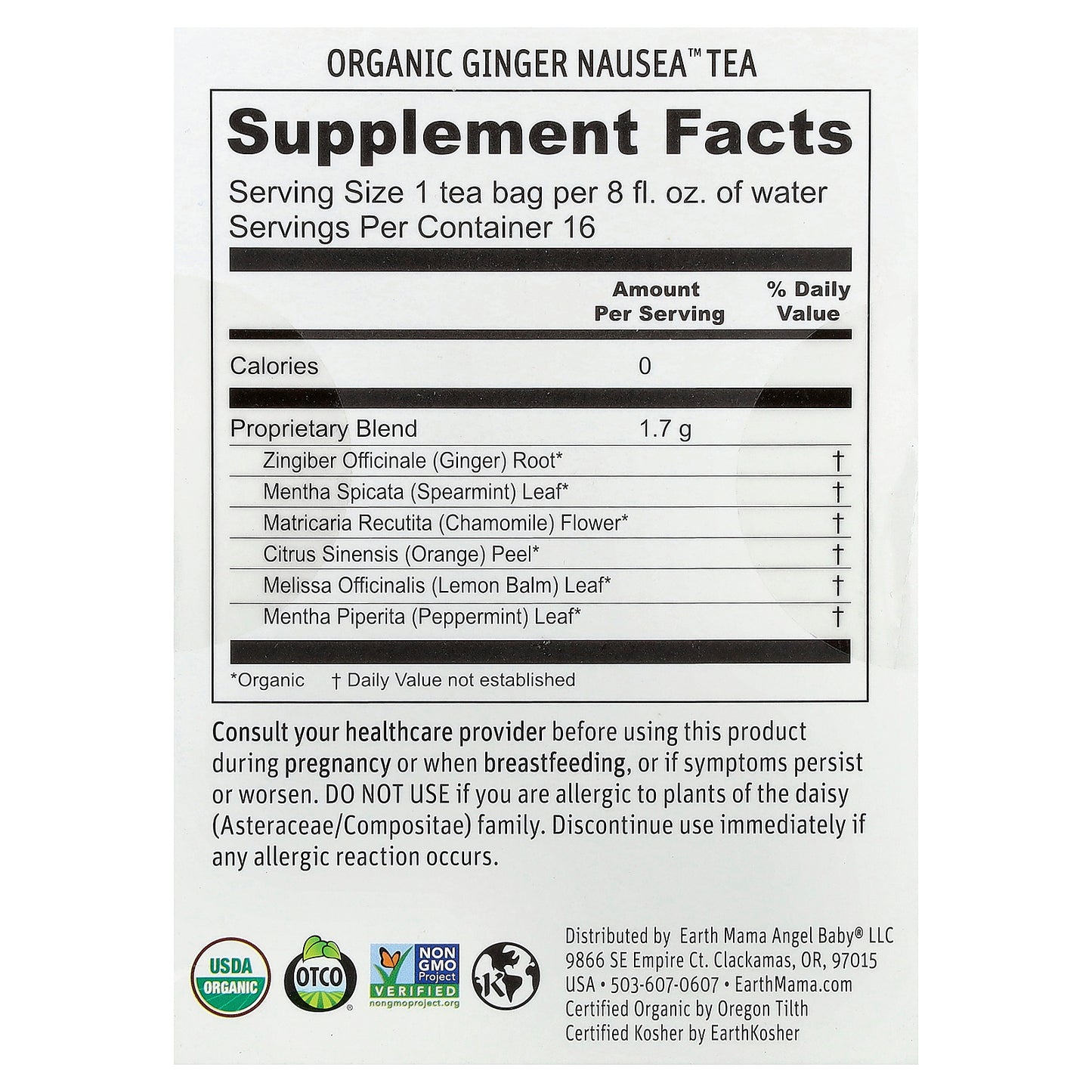 Earth Mama, Organics, Organic Ginger Nausea™ Tea, Settling Minty Comfort, Caffeine Free, 16 Tea Bags, 0.96 oz (27.2 g)