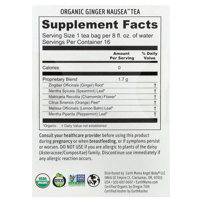 Earth Mama, Organics, Organic Ginger Nausea™ Tea, Settling Minty Comfort, Caffeine Free, 16 Tea Bags, 0.96 oz (27.2 g)