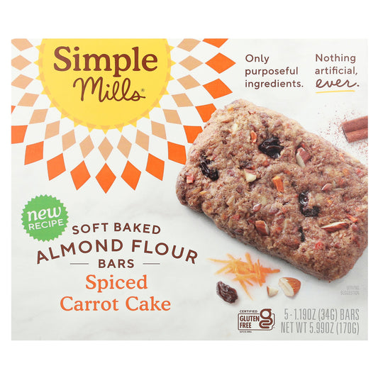 Simple Mills, Soft Baked Almond Flour Bars, Spiced Carrot Cake, 5 Bars, 1.19 oz (34 g) Each