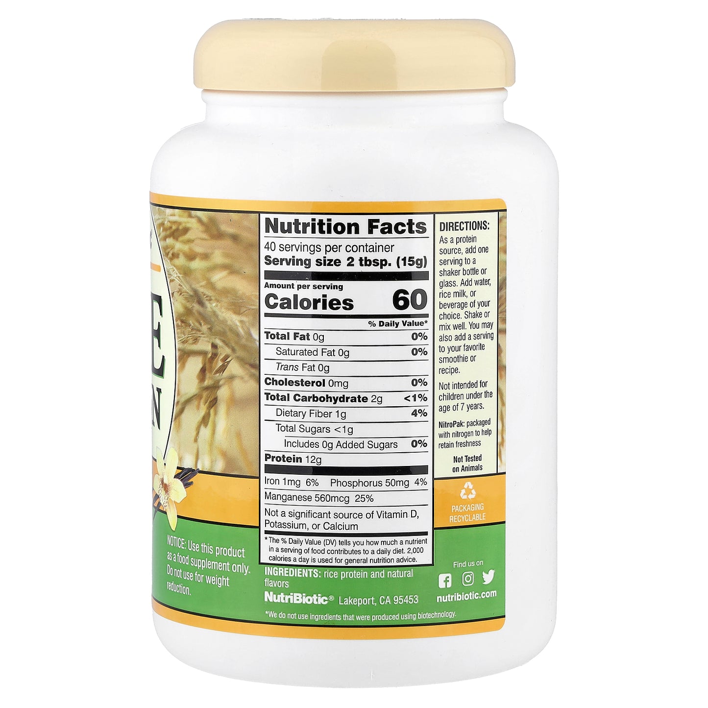 NutriBiotic, Raw Rice Protein, Vanilla, 1 lb 5.16 oz (600 g)
