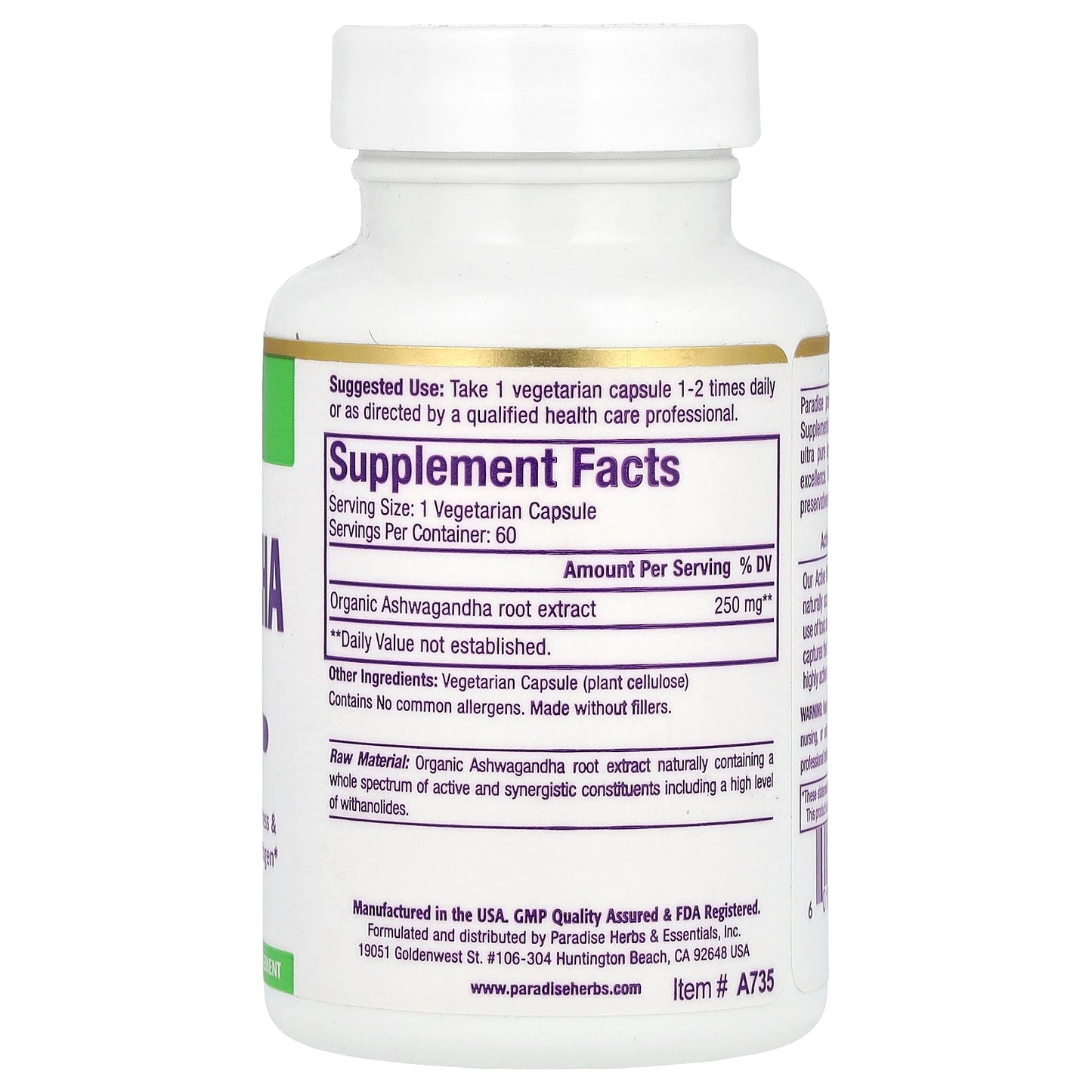 Paradise Herbs, Ashwagandha Extract, 60 Vegetarian Capsules (250 mg per Capsule)