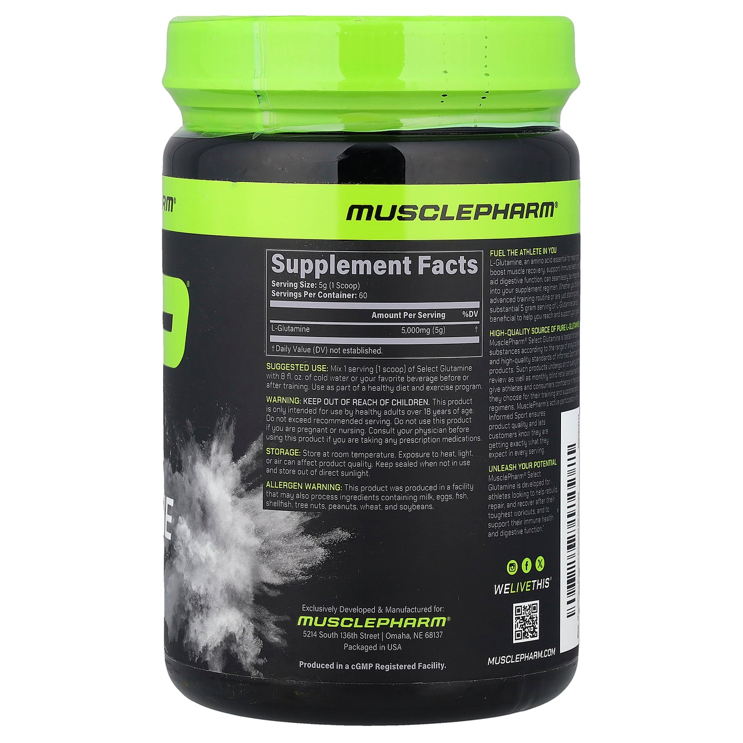 MusclePharm, Select, Glutamine Powder, Unflavored, 10.6 oz (300 g)