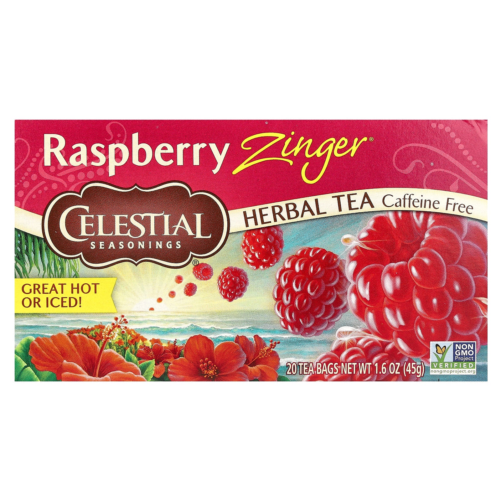 Celestial Seasonings, Herbal Tea, Raspberry Zinger®, Caffeine Free, 20 Tea Bags, 1.6 oz (45 g)