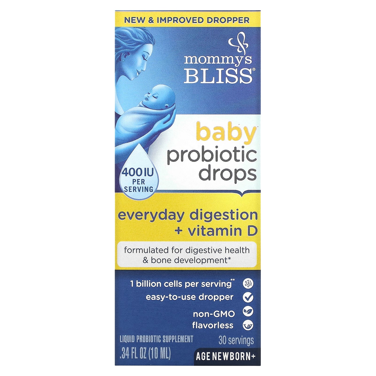 Mommy's Bliss, Baby Probiotic Drops + Vitamin D, New Born+, 400 IU, 0.34 fl oz (10 ml)