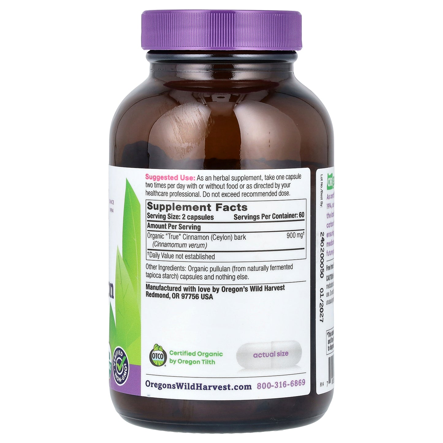 Oregon's Wild Harvest, Organic "True" Cinnamon (Ceylon), 120 Organic Vegan Capsules (450 mg per Capsule)