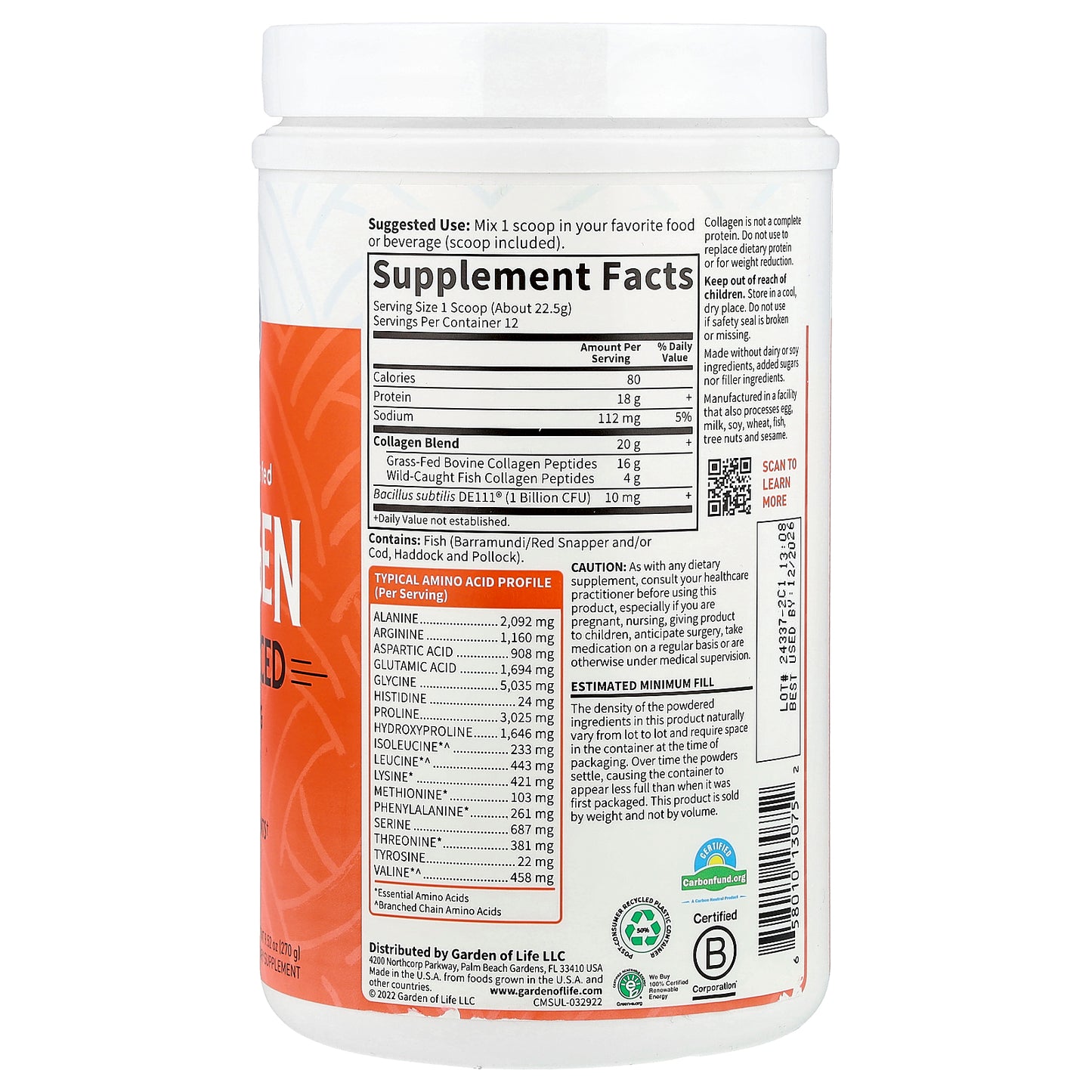 Garden of Life, Wild Caught & Grass Fed Collagen, Multi-Sourced, Unflavored, 9.52 oz (270 g)