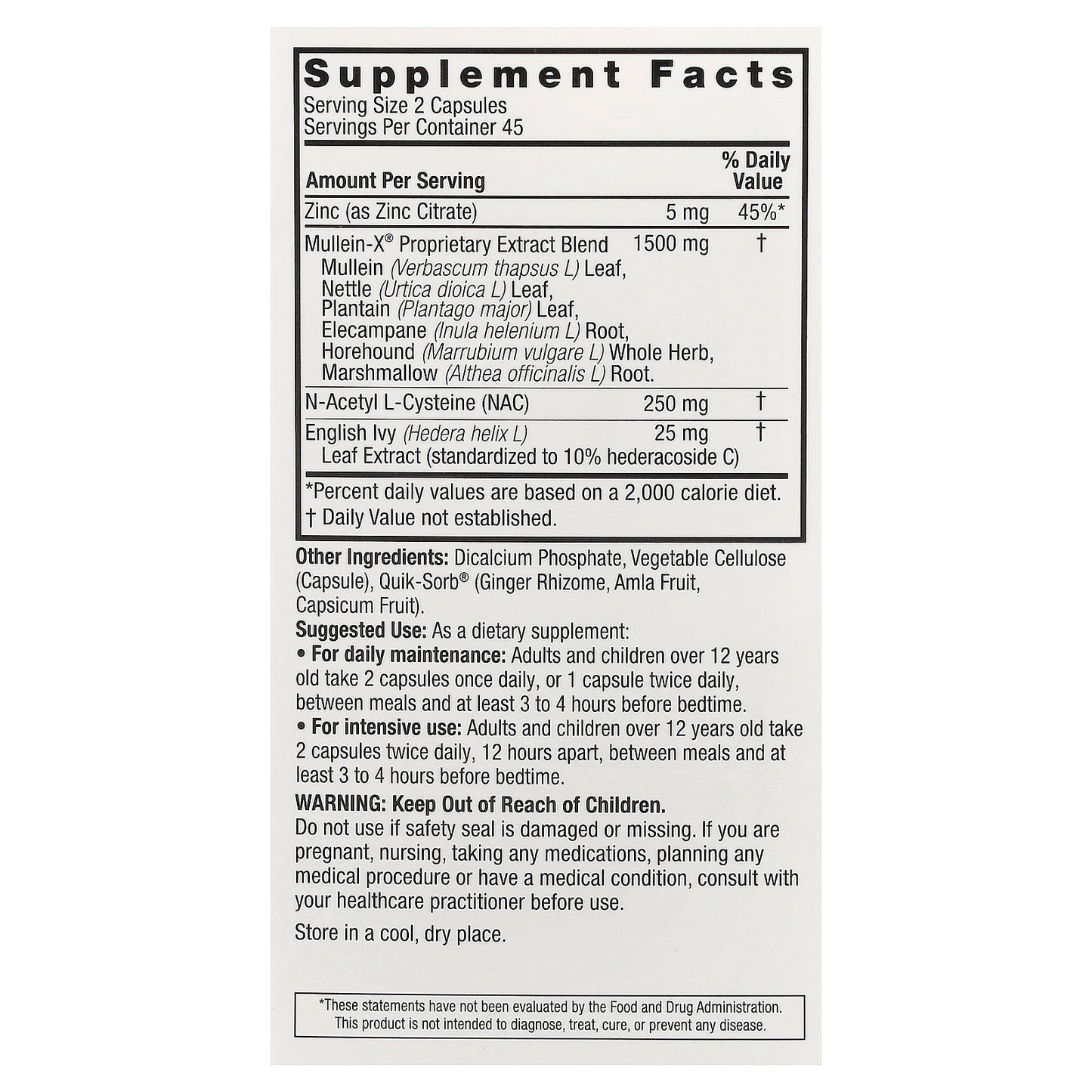 Nature's Answer, MulleinX® Respiratory, NAC & Zinc, 90 Vegetarian Capsules