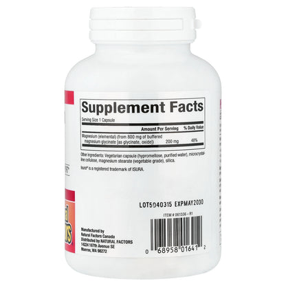 Natural Factors, Magnesium Glycinate , 200 mg, 120 Vegetarian Capsules