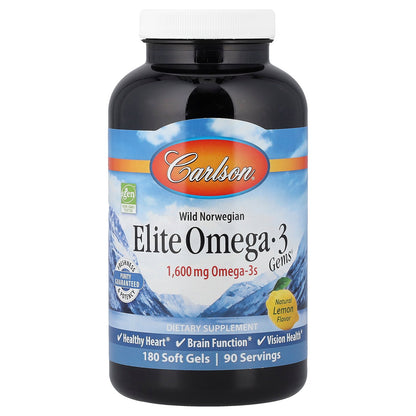 Carlson, Wild Norwegian, Elite Omega-3 Gems®, Natural Lemon, 180 Soft Gels