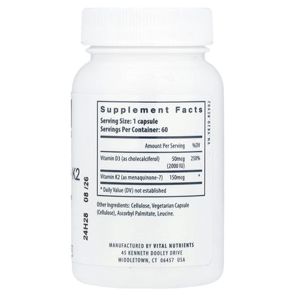 Vital Nutrients, Vitamin D3 + K2, 60 Vegetarian Capsules