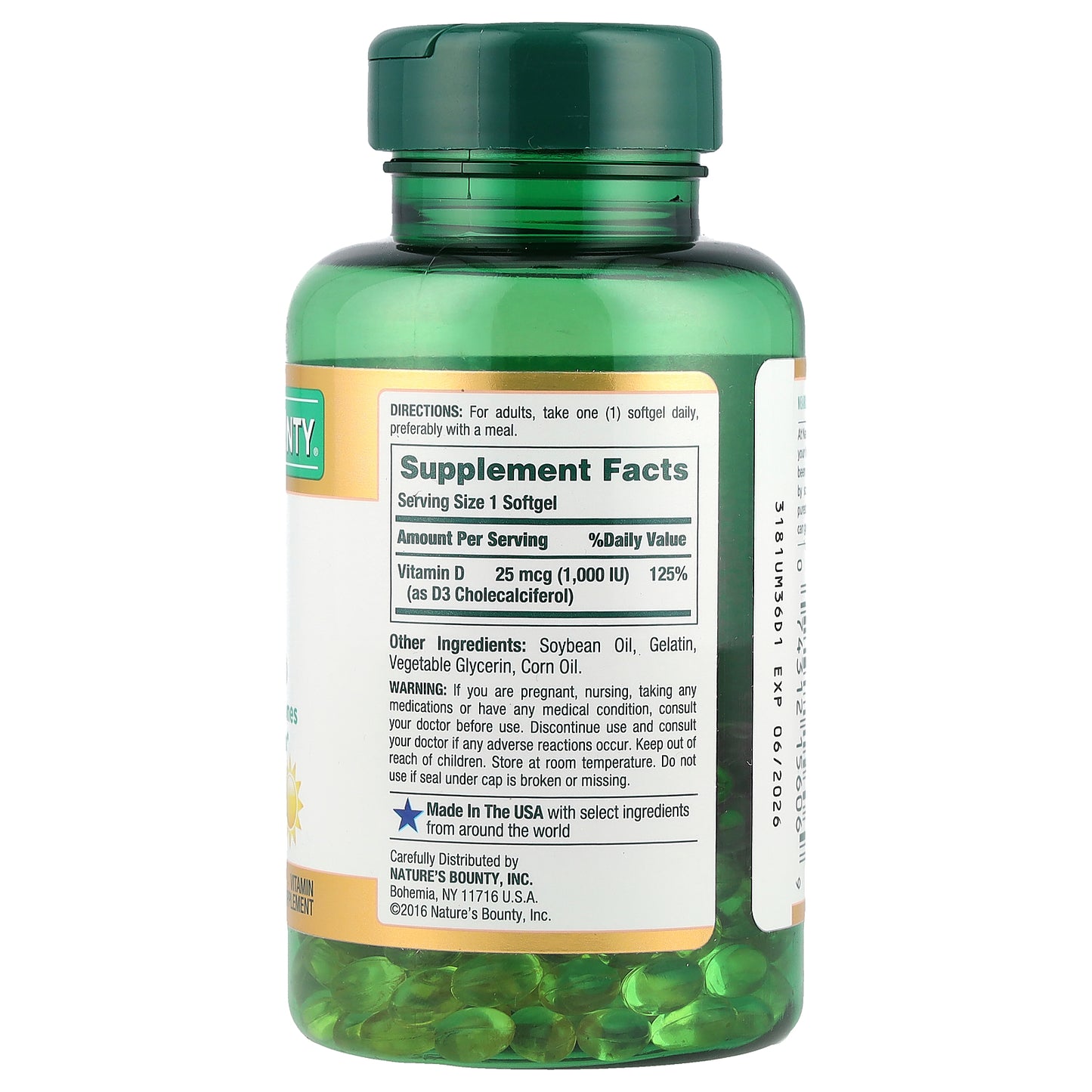 Nature's Bounty, Vitamin D3, 25 mcg (1000 IU), 250 Rapid Release Softgels