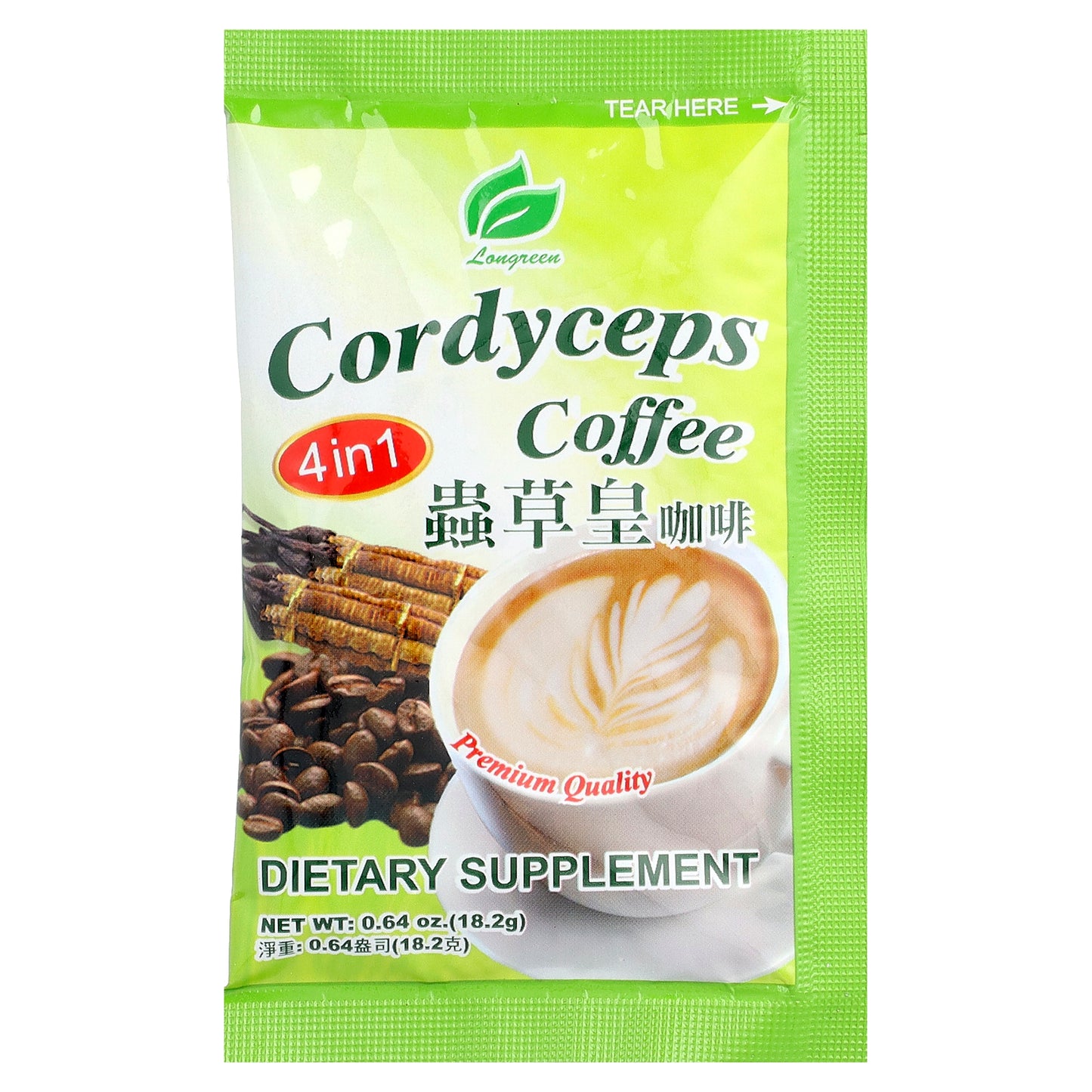 Longreen, 4 in 1 Cordyceps Coffee, 10 Sachets, 6.4 oz (182 g)