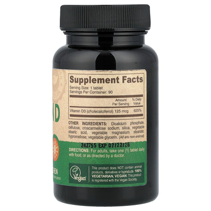 Deva, Vegan Vitamin D3, 125 mcg (5,000 IU), 90 Tablets