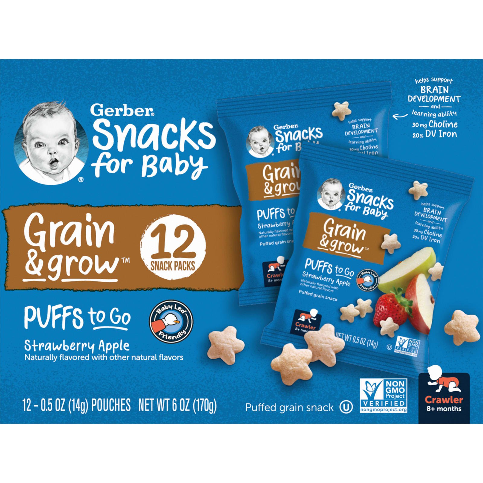 Gerber, Snacks for Baby, Grain & Grow, Puffs to Go, 8+ Months, Strawberry Apple, 12 Snack Packs,  0.5 oz (14 g) Each