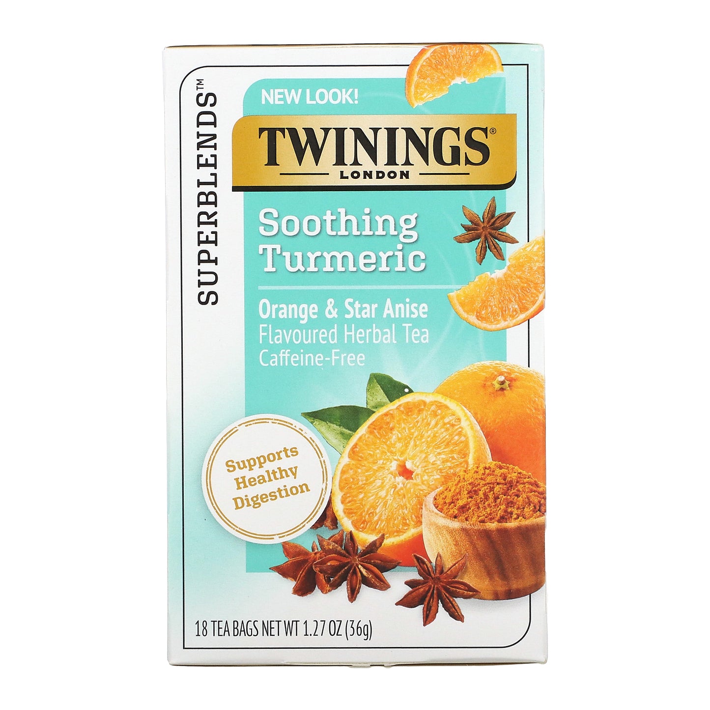 Twinings, Soothing Herbal Tea, Turmeric, Orange and Star Anise, Caffeine Free, 18 Tea Bags, 1.27 oz (36 g)