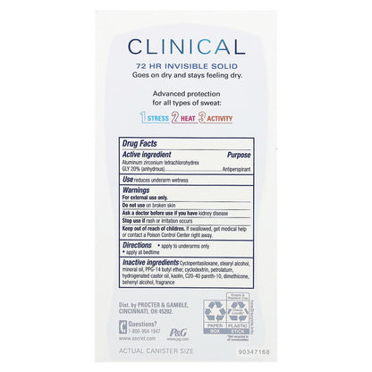 Secret, Clinical 72 HR Invisible Solid Deodorant, Free & Sensitive , 1.6 oz (45 g)