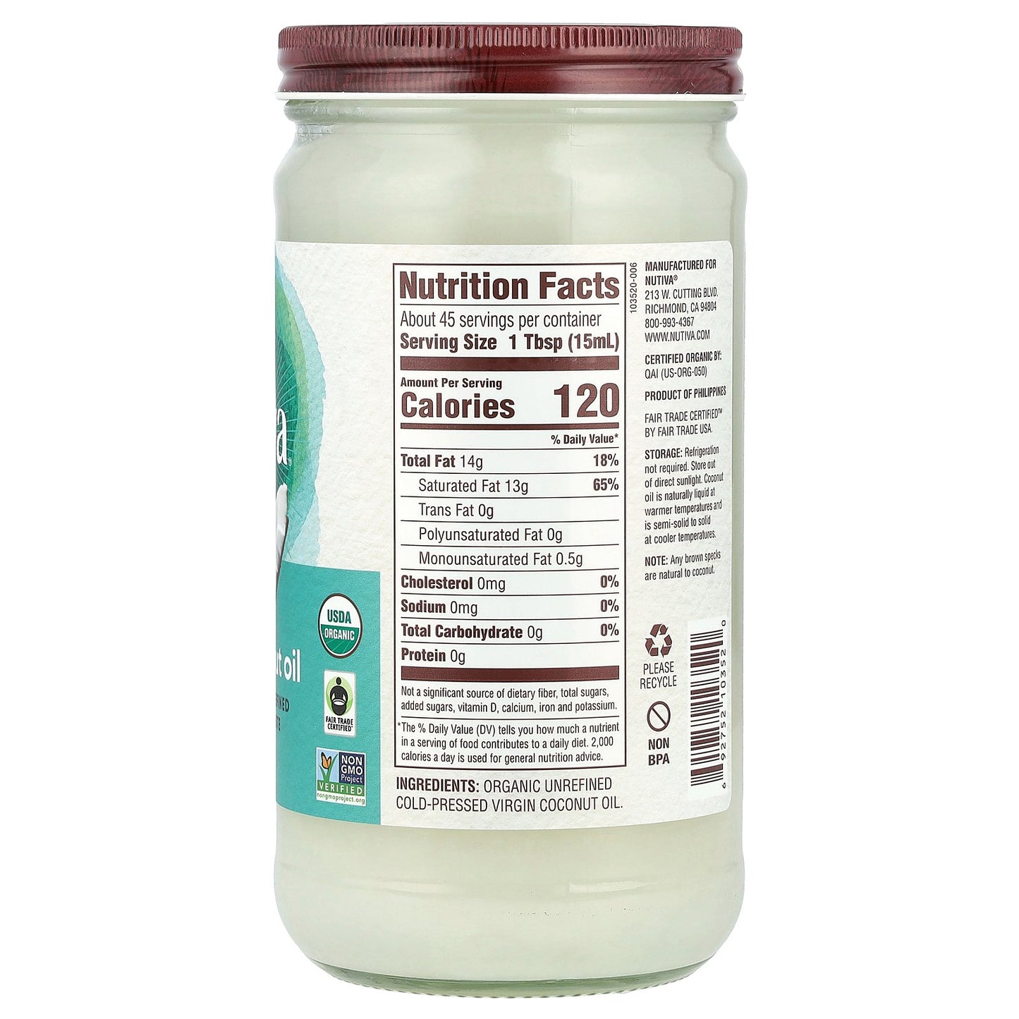 Nutiva, Organic Virgin Coconut Oil, 23 fl oz (680 ml)