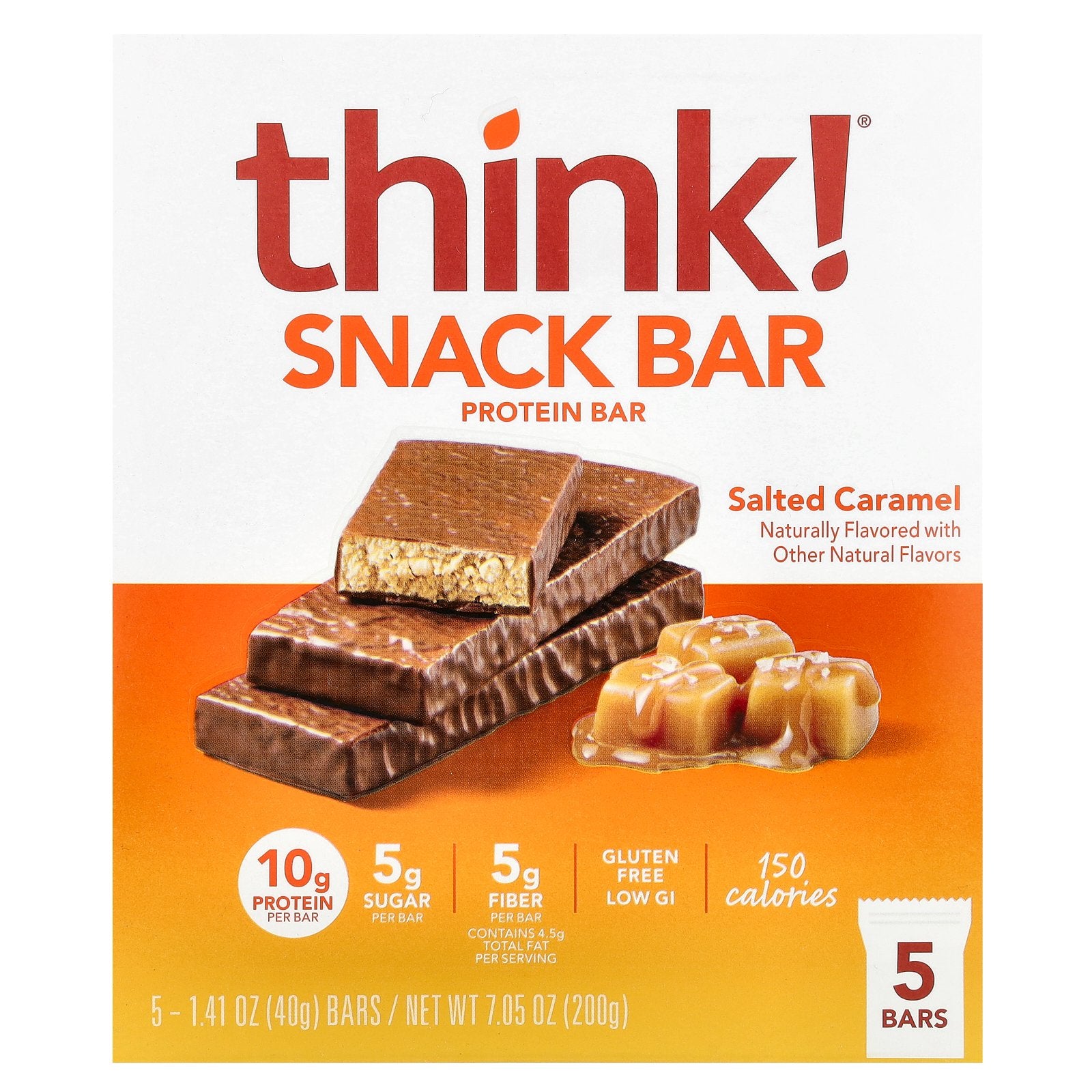 Think !, Snack Protein Bar, Salted Caramel, 5 Bars, 1.41 oz (40 g) Each