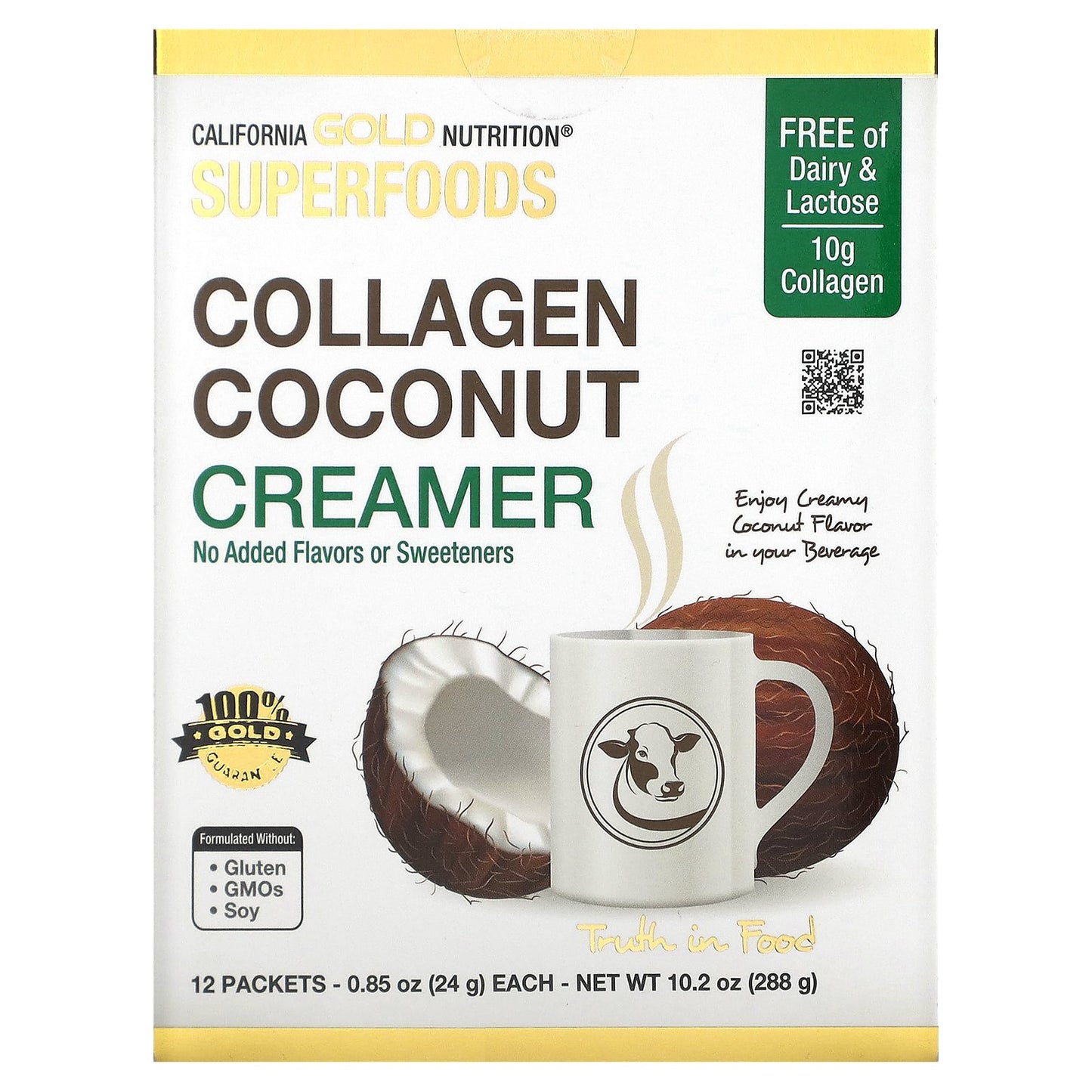California Gold Nutrition, Superfoods, Collagen Coconut Creamer with Organic Coconut Milk Powder, and Hydrolyzed Collagen Peptides, Unsweetened, 12 Packets 0.85 oz (24 g) Each