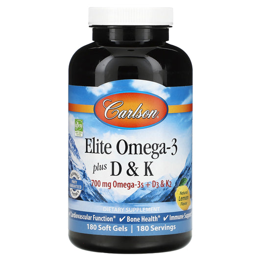 Carlson, Elite Omega-3 Plus D & K, Natural Lemon Flavor, 180 Soft Gels