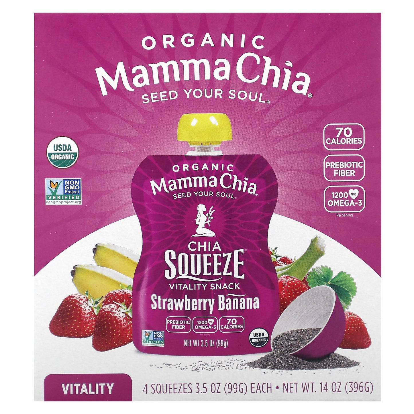 Mamma Chia, Organic Chia Squeeze® Vitality Snack, Strawberry Banana, 4 Pack, 3.5 oz (99 g) Each