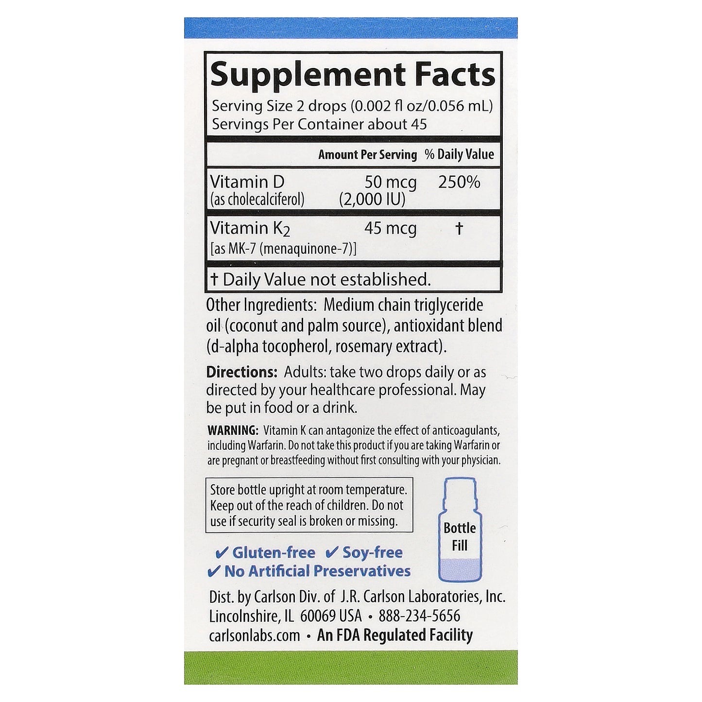 Carlson, Super Daily® D3 + K2, 50 mcg (2,000 IU) & 45 mcg, 0.086 fl oz (2.54 ml)