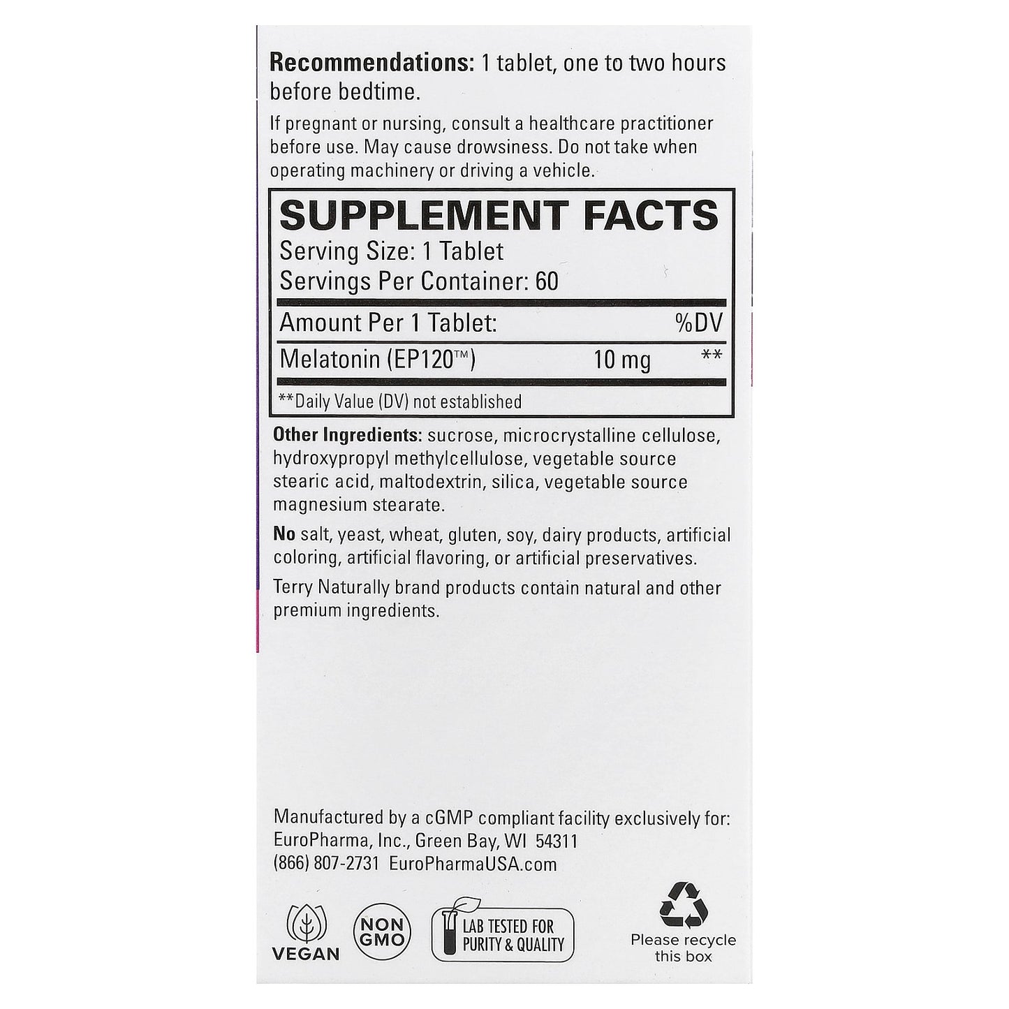 Terry Naturally, Melatonin EP120™, Sustained Release, 10 mg, 60 Tablets