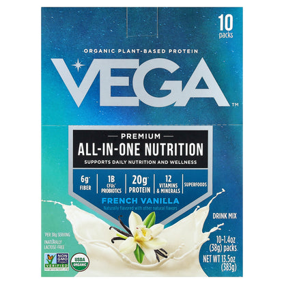 Vega, Organic Plant-Based Protein, Premium All-In-One Nutrition, French Vanilla, 10 Packs, 1.4 oz (38 g) Each