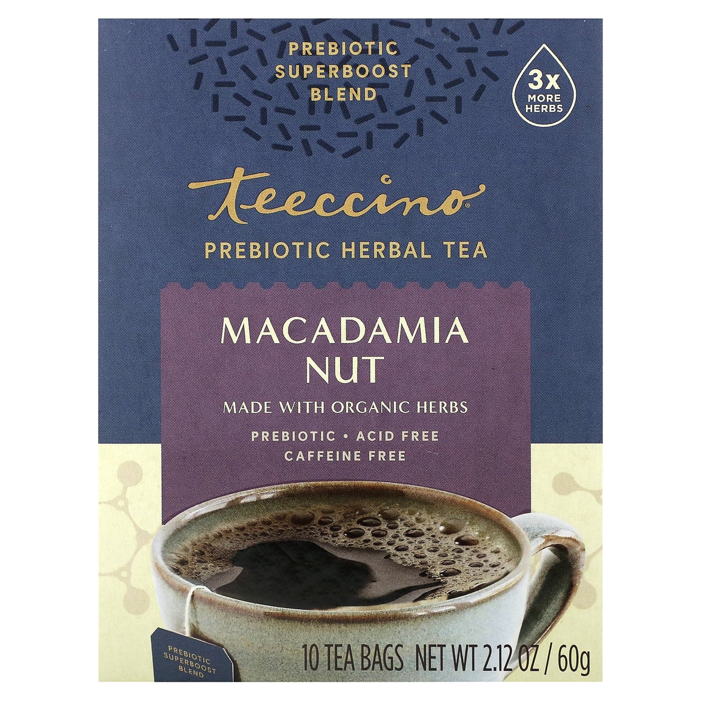 Teeccino, Prebiotic Herbal Tea, Macadamia Nut, Caffeine Free, 10 Tea Bags, 2.12 oz (60 g)