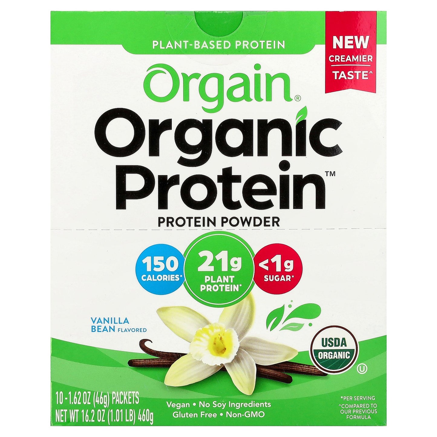 Orgain, Organic Protein™ Powder, Plant-Based, Vanilla Bean, 10 Packets, 1.62 oz (46 g) Each
