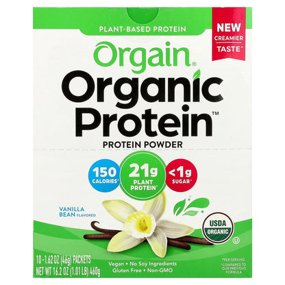 Orgain, Organic Protein™ Powder, Plant-Based, Vanilla Bean, 10 Packets, 1.62 oz (46 g) Each