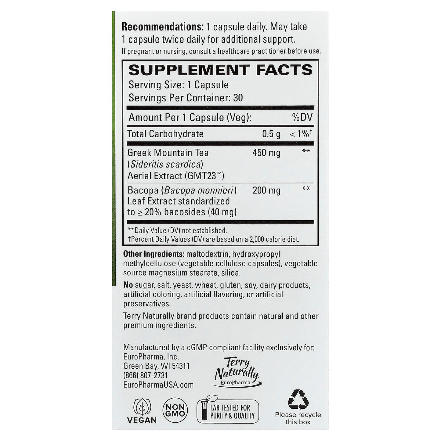 Terry Naturally, Greek Mountain Tea + Bacopa, 30 Capsules