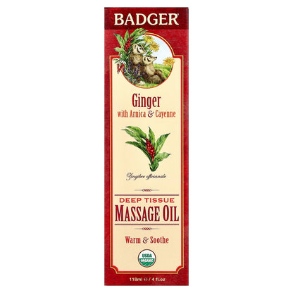 Badger, Deep Tissue Massage Oil, Ginger with Arnica & Cayenne, 4 fl oz (118 ml)