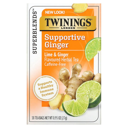 Twinings, Supportive Ginger, Herbal Tea, Lime & Ginger, Caffeine Free, 18 Tea Bags, 0.95 oz (27 g)