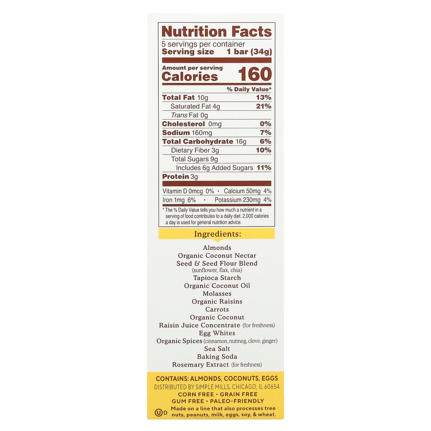 Simple Mills, Soft Baked Almond Flour Bars, Spiced Carrot Cake, 5 Bars, 1.19 oz (34 g) Each