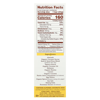 Simple Mills, Soft Baked Almond Flour Bars, Spiced Carrot Cake, 5 Bars, 1.19 oz (34 g) Each