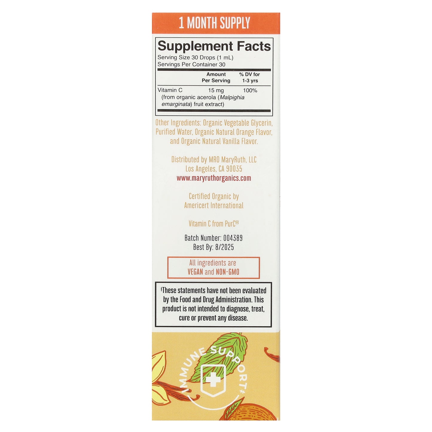 MaryRuth's, Organic Toddler Vitamin C Liquid Drops, 1-3 Years, Orange Vanilla, 1 fl oz (30 ml)