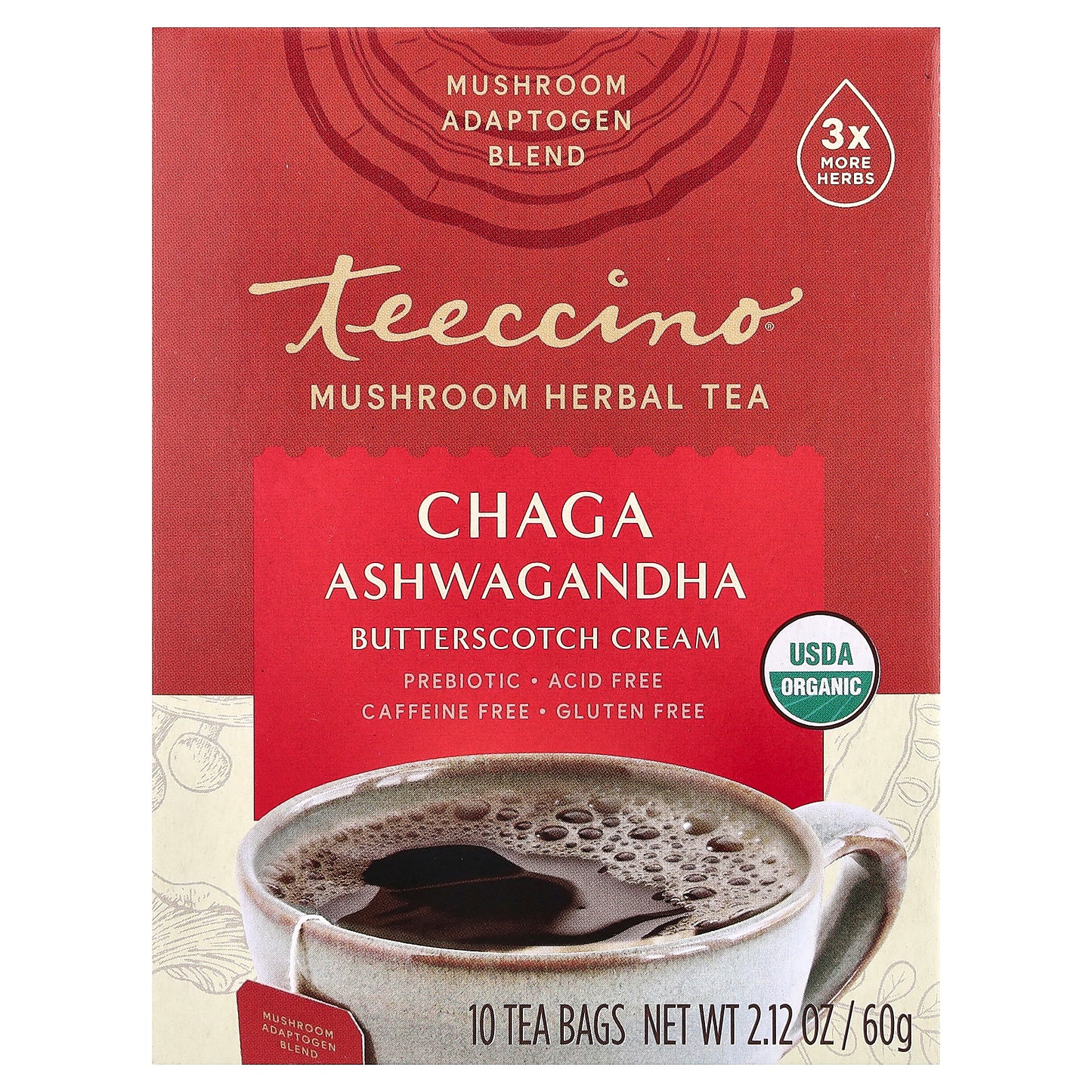 Teeccino, Organic Mushroom Herbal Tea, Chaga Ashwagandha, Butterscotch Cream, Caffeine Free, 10 Tea Bags, 2.12 oz (60 g)