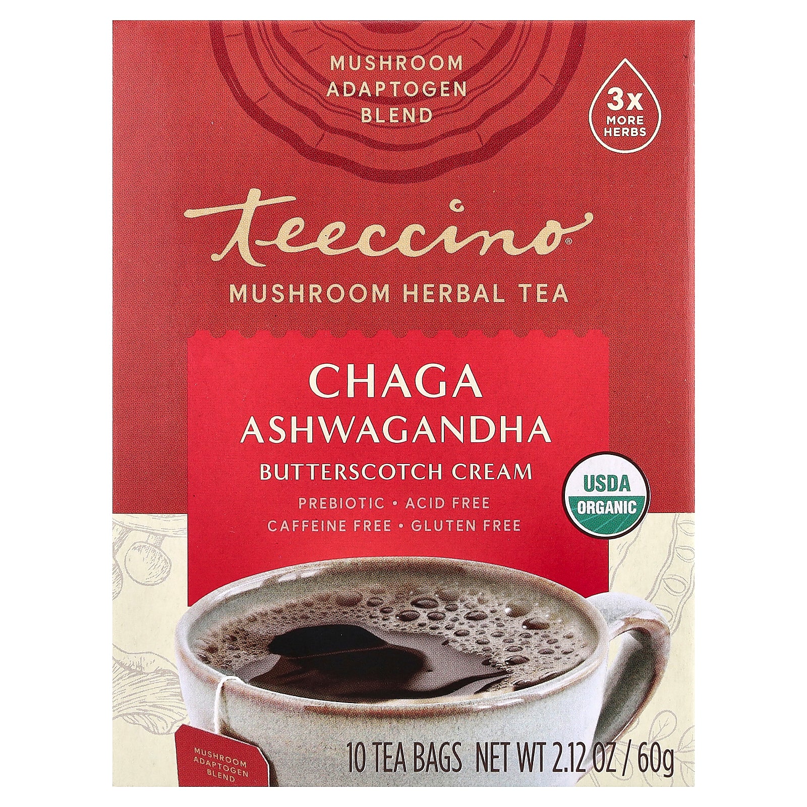 Teeccino, Organic Mushroom Herbal Tea, Chaga Ashwagandha, Butterscotch Cream, Caffeine Free, 10 Tea Bags, 2.12 oz (60 g)