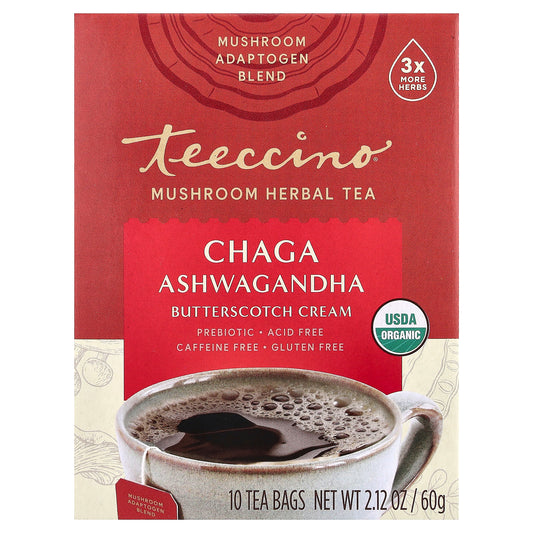 Teeccino, Organic Mushroom Herbal Tea, Chaga Ashwagandha, Butterscotch Cream, Caffeine Free, 10 Tea Bags, 2.12 oz (60 g)