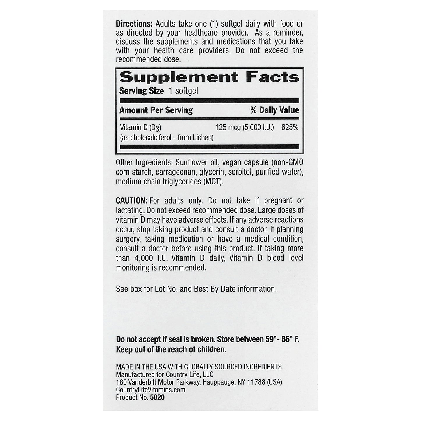 Country Life, Certified Vegan D3, 125 mcg (5,000 IU), 30 Vegan Softgels