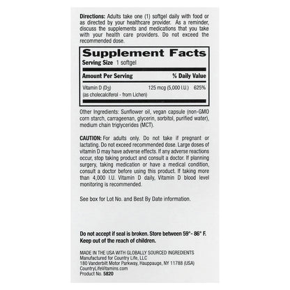Country Life, Certified Vegan D3, 125 mcg (5,000 IU), 30 Vegan Softgels
