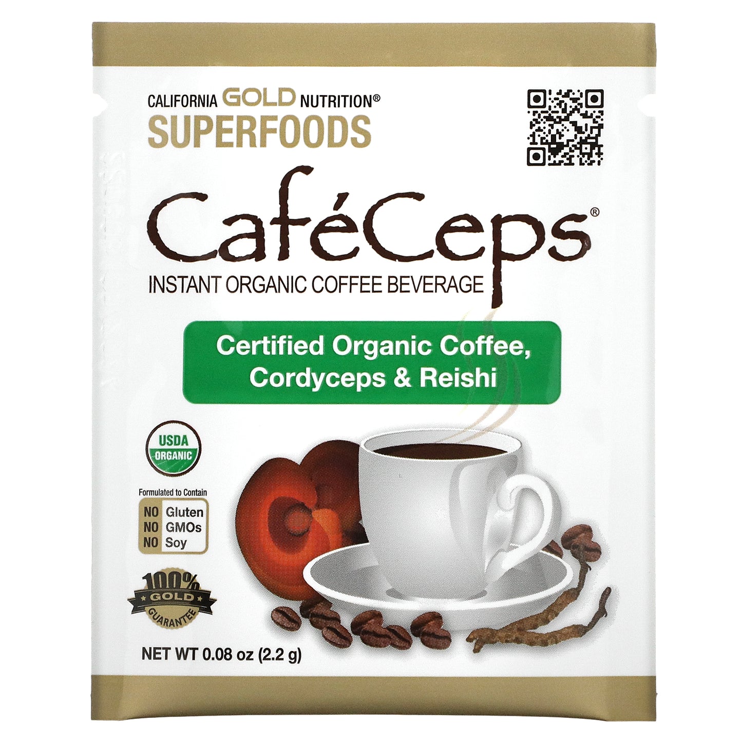 California Gold Nutrition, CafeCeps, Certified Organic Instant Coffee with Cordyceps, and Reishi Mushroom Powder, 30 Packets, 0.08 oz (2.2 g) Each