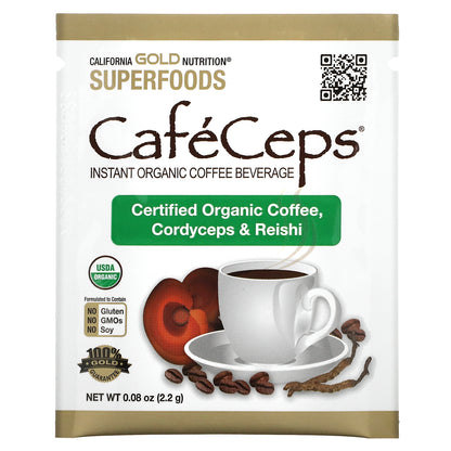 California Gold Nutrition, CafeCeps, Certified Organic Instant Coffee with Cordyceps, and Reishi Mushroom Powder, 30 Packets, 0.08 oz (2.2 g) Each