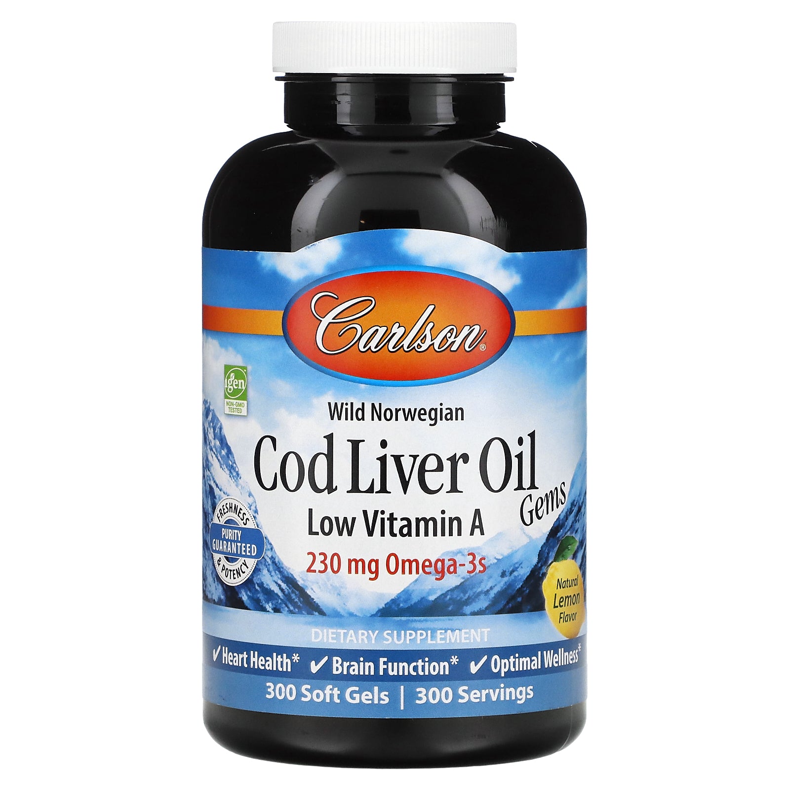 Carlson, Wild Norwegian, Cod Liver Oil Gems, Low Vitamin A, Natural Lemon, 230 mg, 300 Soft Gels