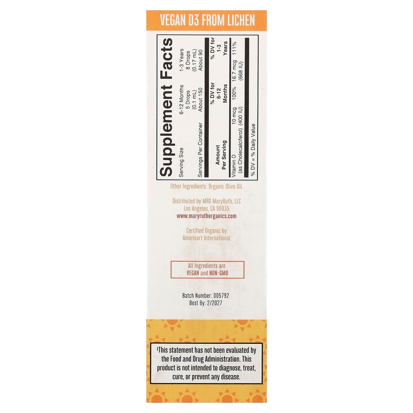 MaryRuth's, Organic Infant & Toddler Vitamin D3 Liquid Drops, 6 Months+, Unflavored, 0.5 fl oz (15 ml)