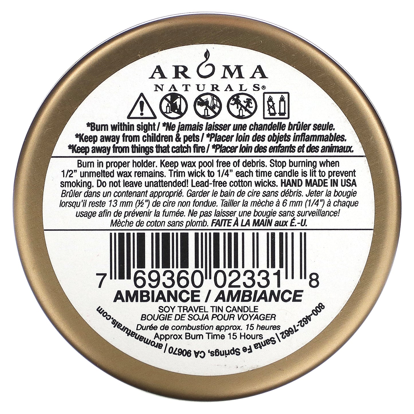 Aroma Naturals, Soy VegePure, Travel Tin Candle, Ambiance, Orange & Lemongrass, 2.8 oz (79.38 g)