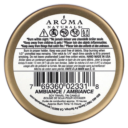 Aroma Naturals, Soy VegePure, Travel Tin Candle, Ambiance, Orange & Lemongrass, 2.8 oz (79.38 g)