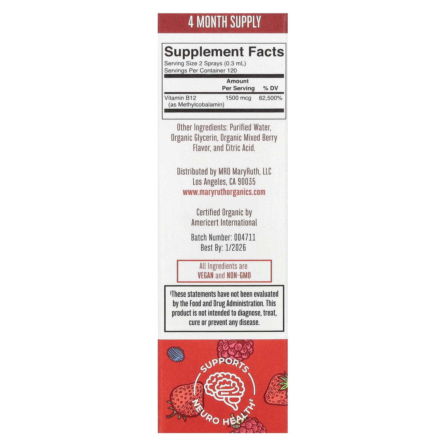 MaryRuth's, Organic Methyl B12 Liquid Spray, Berry, 1,500 mcg, 1 fl oz (30 ml)